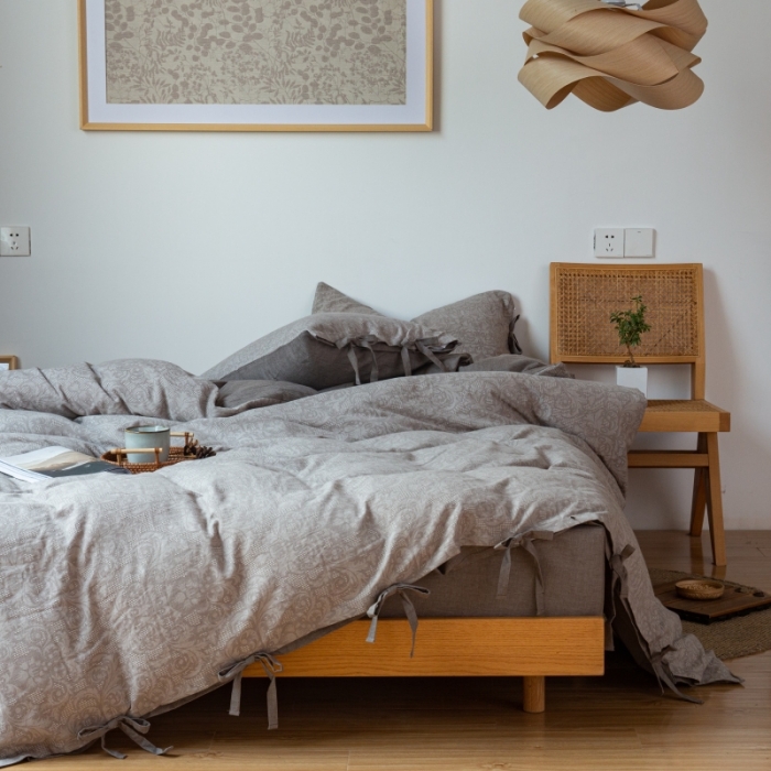 91家纺网 家纺一手货源 找家纺 安莱生活 2022新款华夫格双层纱四件套 华夫格浅灰