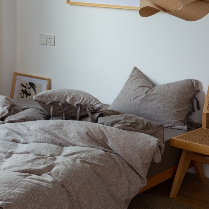 91家纺网 家纺一手货源 找家纺 安莱生活 2022新款华夫格双层纱四件套 华夫格浅灰