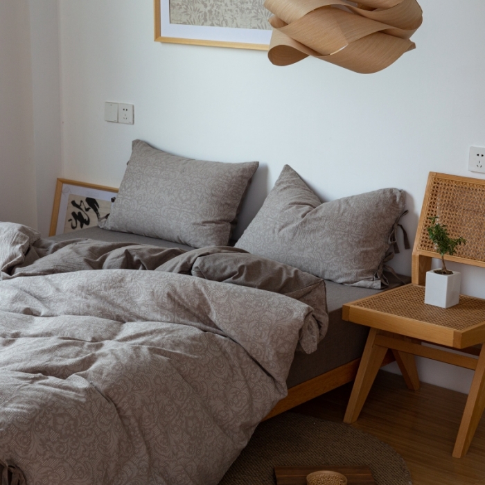 91家纺网 家纺一手货源 找家纺 安莱生活 2022新款华夫格双层纱四件套 华夫格浅灰