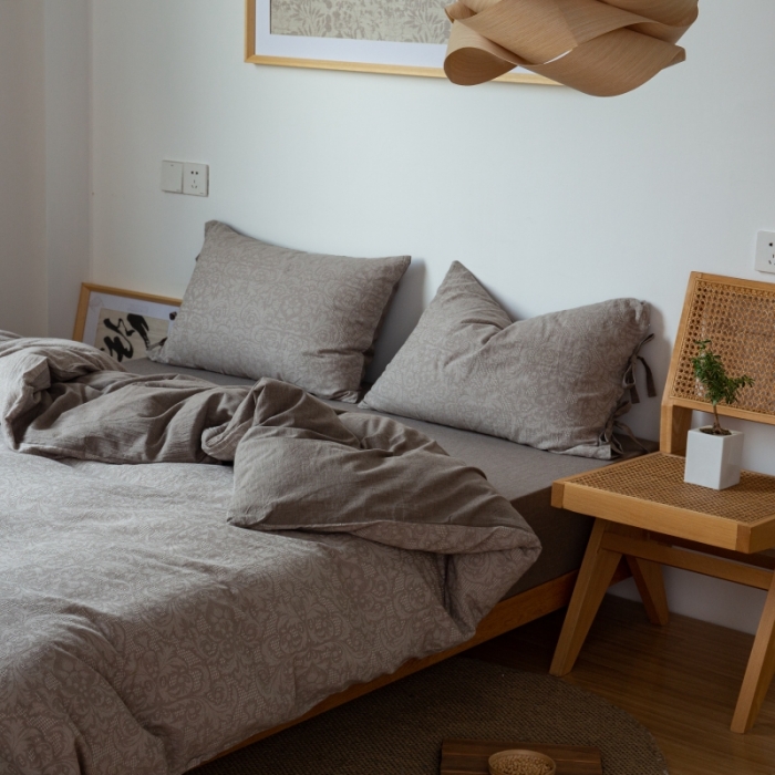 91家纺网 家纺一手货源 找家纺 安莱生活 2022新款华夫格双层纱四件套 华夫格浅灰