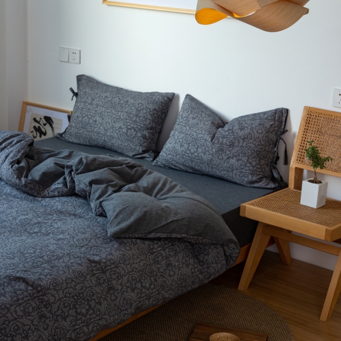 91家纺网 家纺一手货源 找家纺 安莱生活 2022新款华夫格双层纱四件套 华夫格深灰