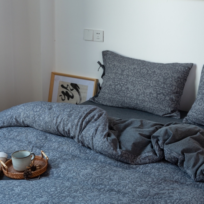 91家纺网 家纺一手货源 找家纺 安莱生活 2022新款华夫格双层纱四件套 华夫格深灰