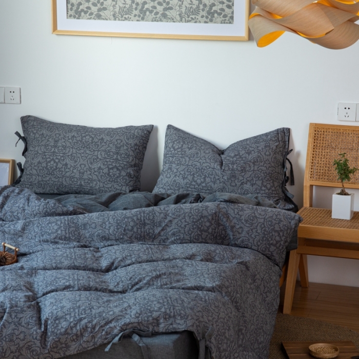 91家纺网 家纺一手货源 找家纺 安莱生活 2022新款华夫格双层纱四件套 华夫格深灰