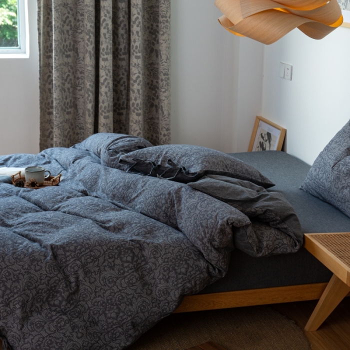 91家纺网 家纺一手货源 找家纺 安莱生活 2022新款华夫格双层纱四件套 华夫格深灰