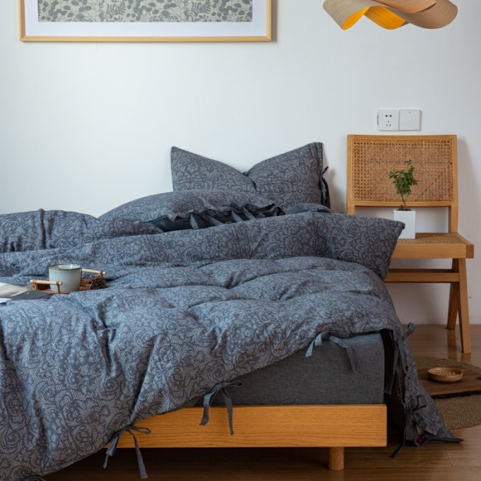 91家纺网 家纺一手货源 找家纺 安莱生活 2022新款华夫格双层纱四件套 华夫格深灰