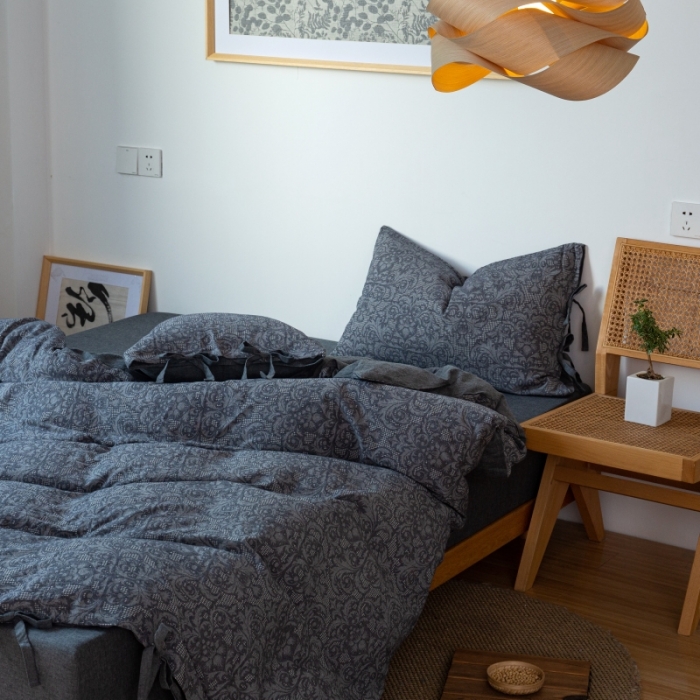 91家纺网 家纺一手货源 找家纺 安莱生活 2022新款华夫格双层纱四件套 华夫格深灰