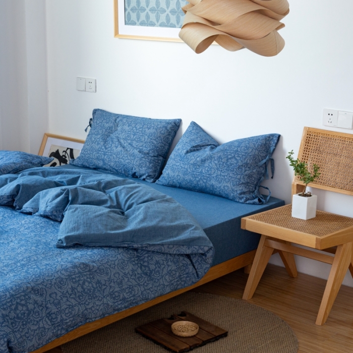 91家纺网 家纺一手货源 找家纺 安莱生活 2022新款华夫格双层纱四件套 华夫格深蓝