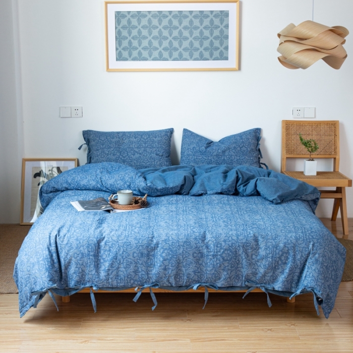 91家纺网 家纺一手货源 找家纺 安莱生活 2022新款华夫格双层纱四件套 华夫格深蓝