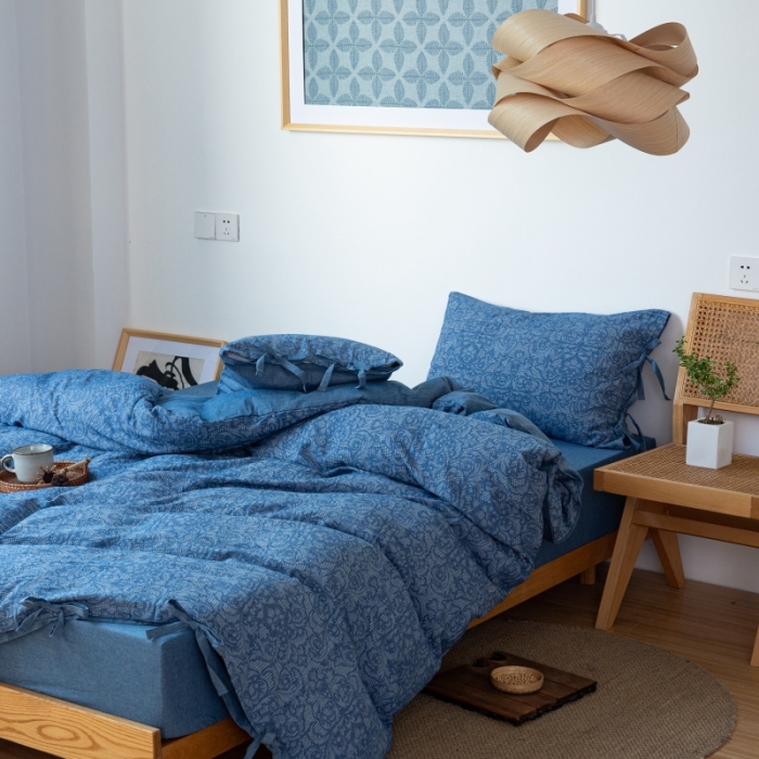 91家纺网 家纺一手货源 找家纺 安莱生活 2022新款华夫格双层纱四件套 华夫格深蓝