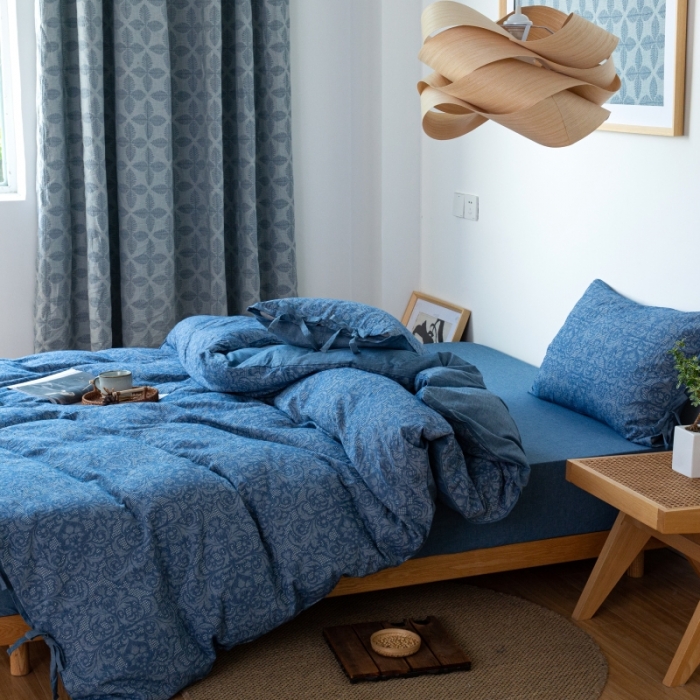 91家纺网 家纺一手货源 找家纺 安莱生活 2022新款华夫格双层纱四件套 华夫格深蓝