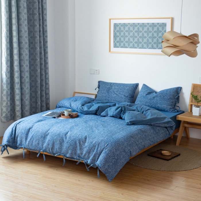 91家纺网 家纺一手货源 找家纺 安莱生活 2022新款华夫格双层纱四件套 华夫格深蓝