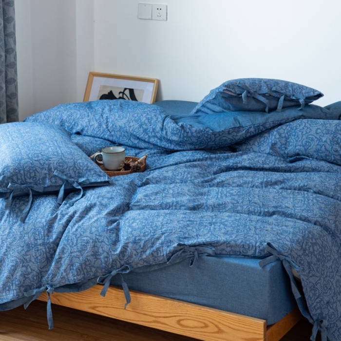 91家纺网 家纺一手货源 找家纺 安莱生活 2022新款华夫格双层纱四件套 华夫格深蓝