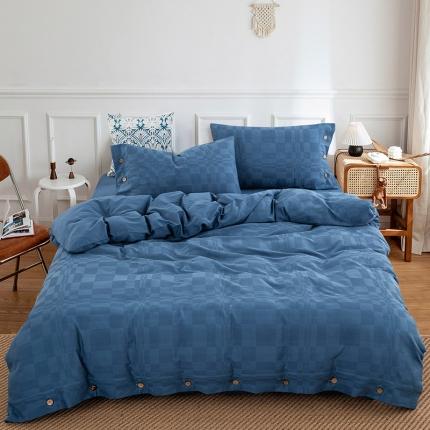 91家纺网 家纺一手货源 找家纺 源启生活 2022新款水洗棉华夫格四件套 钻蓝