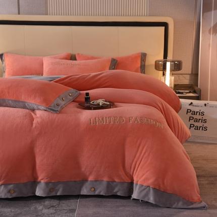 91家纺网 家纺一手货源 找家纺 欧冠 2022秋冬新款高端刺绣牛奶绒四件套 橙-灰