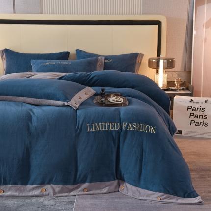 欧冠 2022秋冬新款高端刺绣牛奶绒四件套 宝蓝-灰