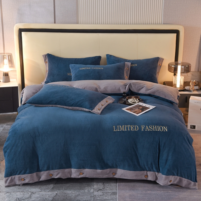 91家纺网 家纺一手货源 找家纺 欧冠 2022秋冬新款高端刺绣牛奶绒四件套 宝蓝-灰