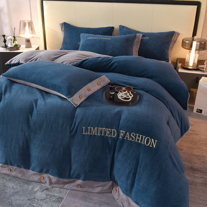 91家纺网 家纺一手货源 找家纺 欧冠 2022秋冬新款高端刺绣牛奶绒四件套 宝蓝-灰
