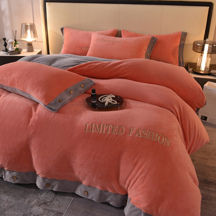 91家纺网 家纺一手货源 找家纺 欧冠 2022秋冬新款高端刺绣牛奶绒四件套 橙-灰