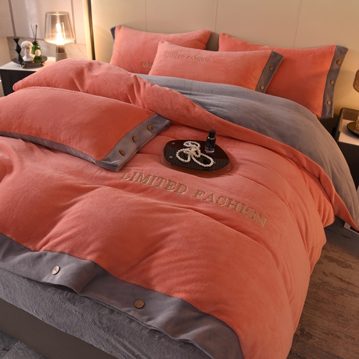 91家纺网 家纺一手货源 找家纺 欧冠 2022秋冬新款高端刺绣牛奶绒四件套 橙-灰