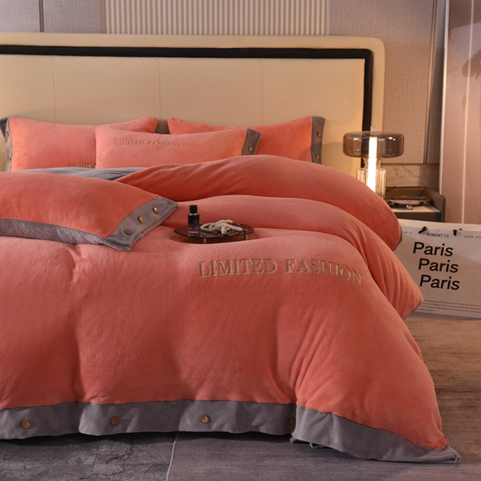 91家纺网 家纺一手货源 找家纺 欧冠 2022秋冬新款高端刺绣牛奶绒四件套 橙-灰