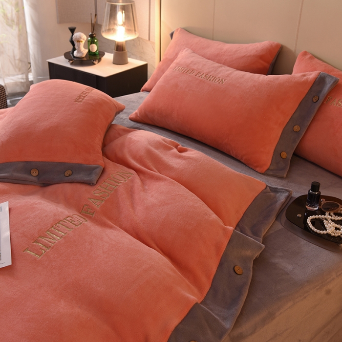 91家纺网 家纺一手货源 找家纺 欧冠 2022秋冬新款高端刺绣牛奶绒四件套 橙-灰