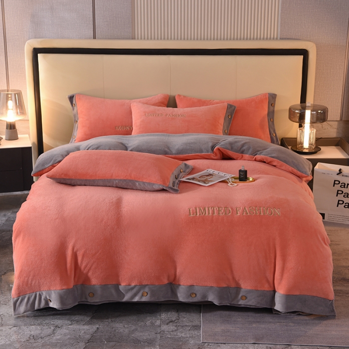 91家纺网 家纺一手货源 找家纺 欧冠 2022秋冬新款高端刺绣牛奶绒四件套 橙-灰