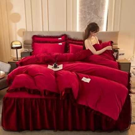 91家纺网 家纺一手货源 找家纺 涵美人直播高克重牛奶绒床裙款水晶金貂法莱绒四件套 酒红色