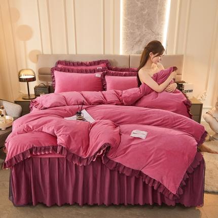 91家纺网 家纺一手货源 找家纺 涵美人 直播高克重牛奶绒床裙款水晶金貂法莱绒四件套 豆沙色