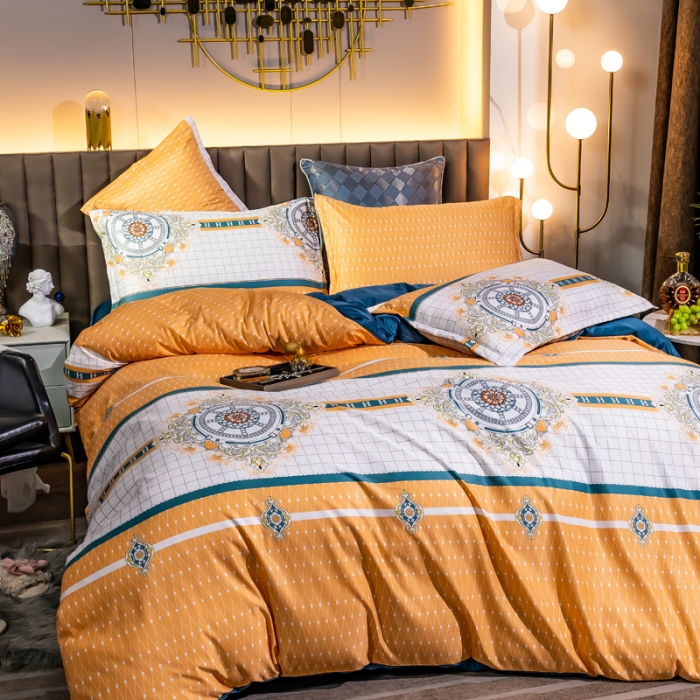 91家纺网 家纺一手货源 找家纺 氧家2025新款水洗天丝轻奢风印花四件套 斐蒂斯黄