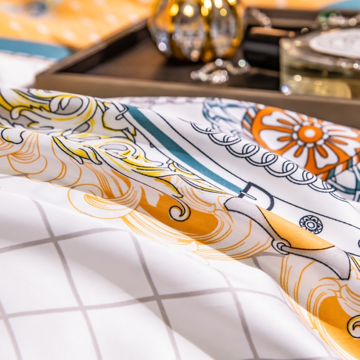 91家纺网 家纺一手货源 找家纺 氧家2025新款水洗天丝轻奢风印花四件套 斐蒂斯黄