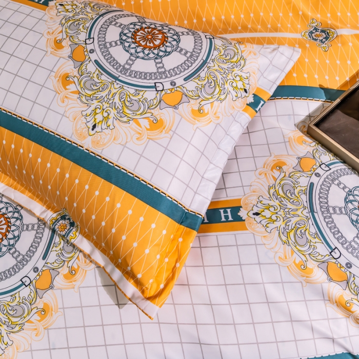 91家纺网 家纺一手货源 找家纺 氧家2025新款水洗天丝轻奢风印花四件套 斐蒂斯黄