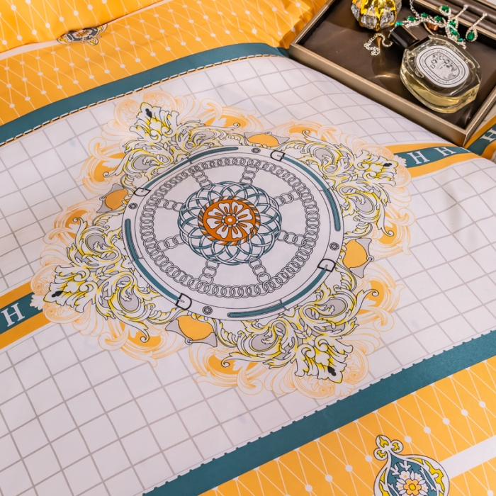 91家纺网 家纺一手货源 找家纺 氧家2025新款水洗天丝轻奢风印花四件套 斐蒂斯黄