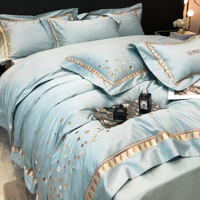 91家纺网 家纺一手货源 找家纺 乐视家纺2024新款120支双股澳棉刺绣四件套 露娜-梵星蓝