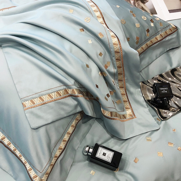 91家纺网 家纺一手货源 找家纺 乐视家纺2024新款120支双股澳棉刺绣四件套 露娜-梵星蓝