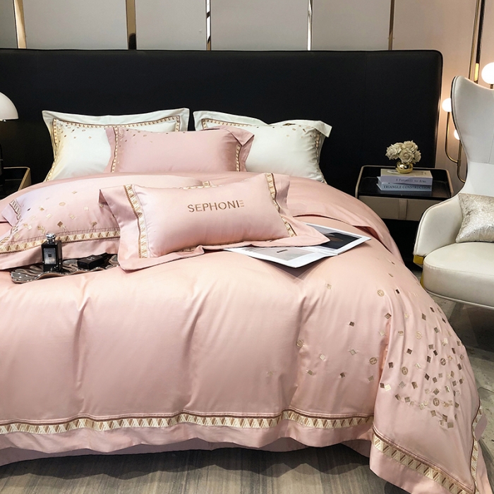 91家纺网 家纺一手货源 找家纺 乐视家纺2024新款120支双股澳棉刺绣四件套 露娜-樱花粉