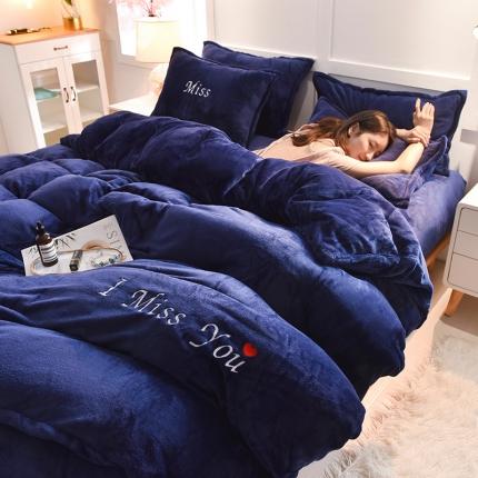 91家纺网 家纺一手货源 找家纺 简爱 2025保暖双面绒法莱绒刺绣四件套-S款MISS系列 绒miss-藏青
