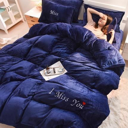简爱 2025保暖双面绒法莱绒刺绣四件套-S款MISS系列 绒miss-藏青