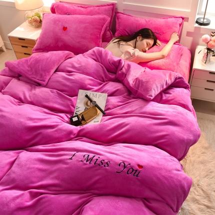 简爱 2025保暖双面绒法莱绒刺绣四件套-S款MISS系列 绒miss-玫红