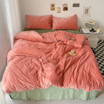 91家纺网 家纺一手货源 找家纺 总盛馨2023新款加厚宝宝绒纯色撞色牛奶法莱绒床笠四件套