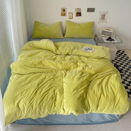 91家纺网 家纺一手货源 找家纺 总盛馨2023新款加厚宝宝绒纯色撞色牛奶法莱绒床笠四件套