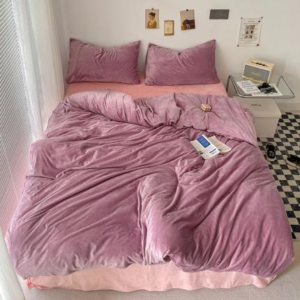 91家纺网 家纺一手货源 找家纺 总盛馨2023新款加厚宝宝绒纯色撞色牛奶法莱绒床笠四件套