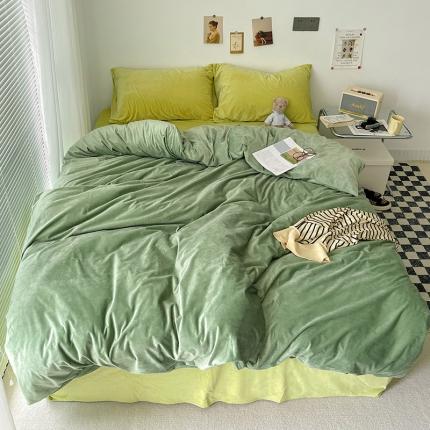 91家纺网 家纺一手货源 找家纺 总盛馨2023新款加厚宝宝绒纯色撞色牛奶法莱绒床笠四件套