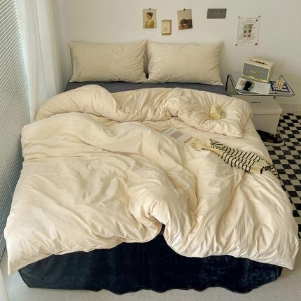 91家纺网 家纺一手货源 找家纺 总盛馨2023新款加厚宝宝绒纯色撞色牛奶法莱绒床笠四件套