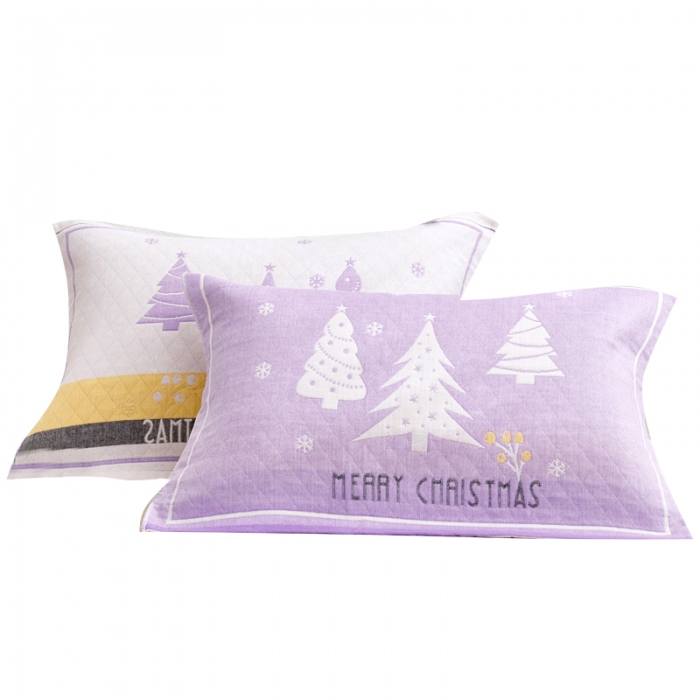 91家纺网 家纺一手货源 找家纺 朴尔2022新款混纺三层纱布枕巾(一对装70％棉+30％丝） 圣诞树-紫