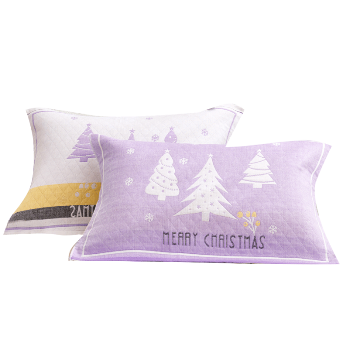 91家纺网 家纺一手货源 找家纺 朴尔2022新款混纺三层纱布枕巾(一对装70％棉+30％丝） 圣诞树-紫