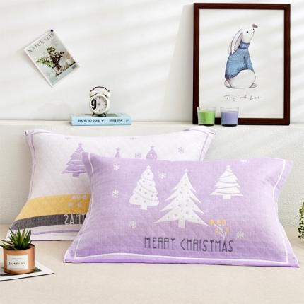 朴尔2022新款混纺三层纱布枕巾(一对装70％棉+30％丝） 圣诞树-紫