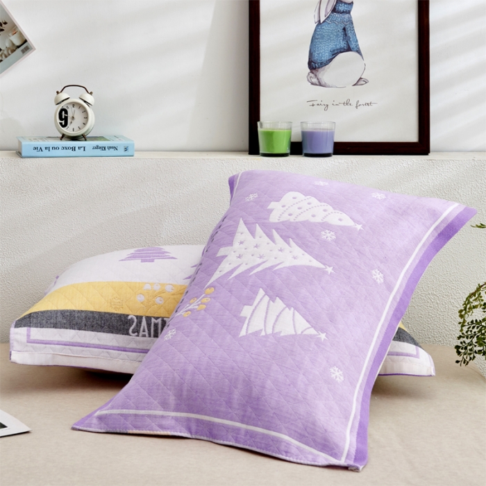 91家纺网 家纺一手货源 找家纺 朴尔2022新款混纺三层纱布枕巾(一对装70％棉+30％丝） 圣诞树-紫