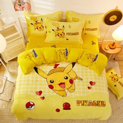 91家纺网 家纺一手货源 找家纺 2024新款卡通法莱绒牛奶绒珊瑚绒四件套升级版爱心皮卡升级款