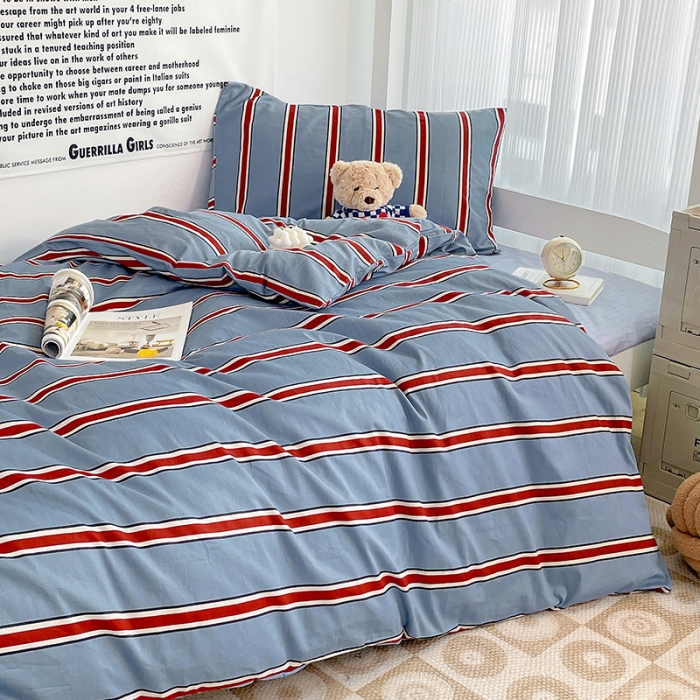 91家纺网 家纺一手货源 找家纺 昔可 2022新款开学季全棉卡通印花学生三件套 红蓝条