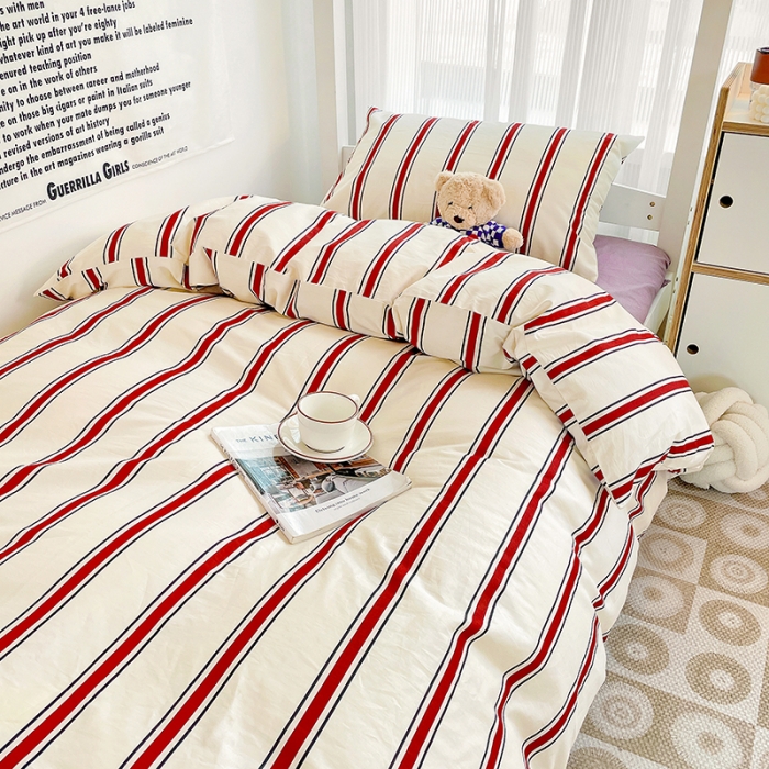 91家纺网 家纺一手货源 找家纺 昔可 2022新款开学季全棉卡通印花学生三件套 红竖条